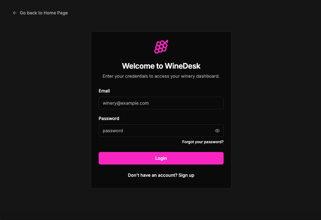 WineDesk login page showing welcome message, email and password fields, and pink login button for winery dashboard access